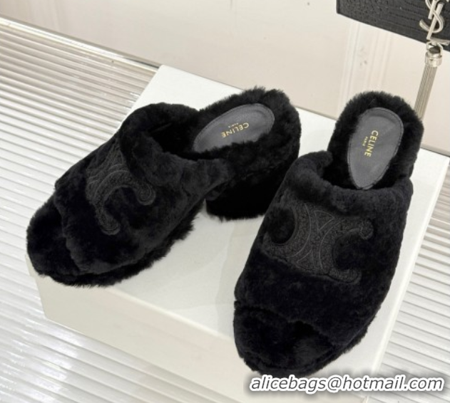 Popular Style Celine Triomphe Wool Platform Slides Sandal 8cm Black 2025 7027801