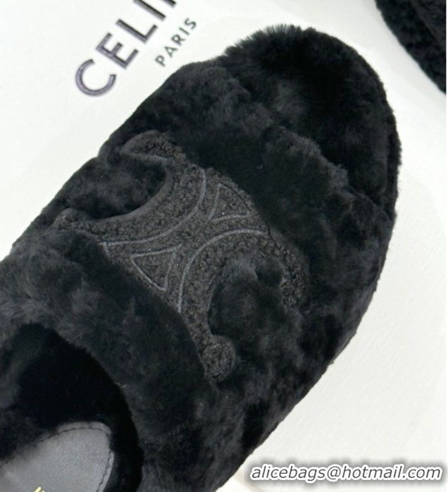Popular Style Celine Triomphe Wool Platform Slides Sandal 8cm Black 2025 7027801