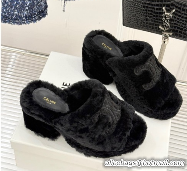 Popular Style Celine Triomphe Wool Platform Slides Sandal 8cm Black 2025 7027801