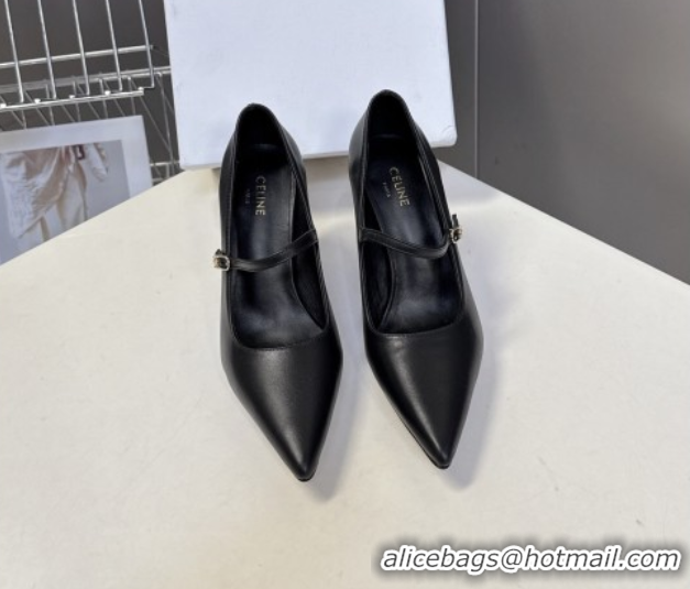 Durable Celine Judy Strappy Mary Janes Pumps 8.5cm in Calfskin Leather Black 1024078
