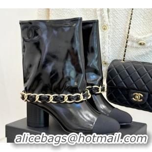 Good Product Chanel Patent Leather & Grosgrain Boots with Chain 5cm Heel Black 101414