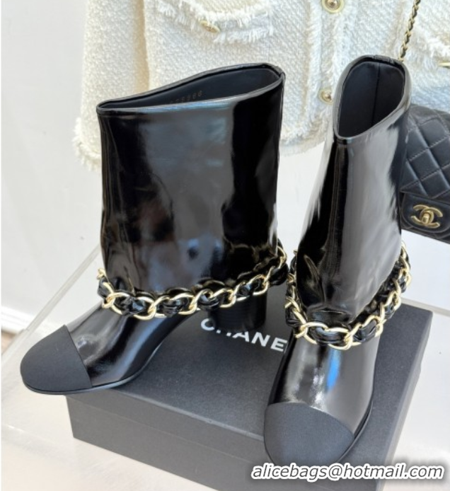 Good Product Chanel Patent Leather & Grosgrain Boots with Chain 5cm Heel Black 101414