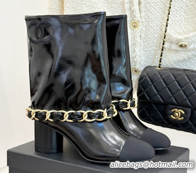 Good Product Chanel Patent Leather & Grosgrain Boots with Chain 5cm Heel Black 101414