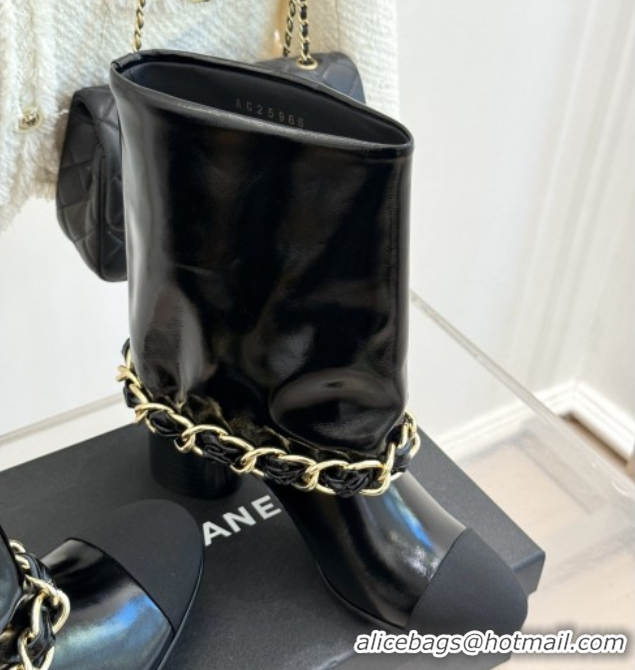 Good Product Chanel Patent Leather & Grosgrain Boots with Chain 5cm Heel Black 101414