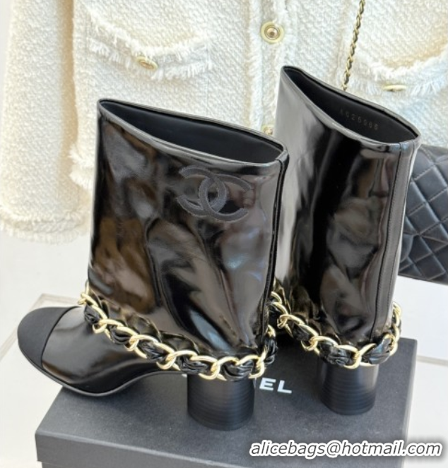 Good Product Chanel Patent Leather & Grosgrain Boots with Chain 5cm Heel Black 101414