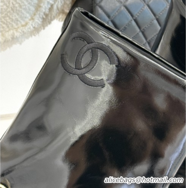 Good Product Chanel Patent Leather & Grosgrain Boots with Chain 5cm Heel Black 101414