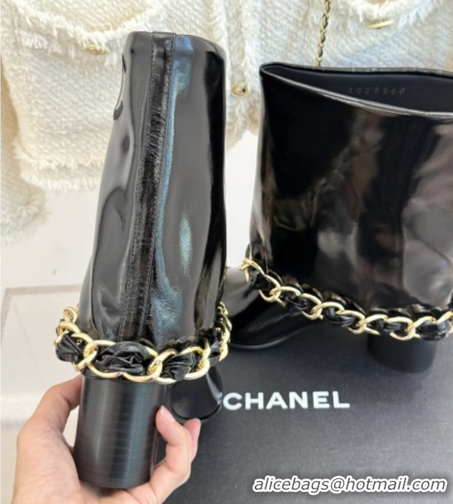 Good Product Chanel Patent Leather & Grosgrain Boots with Chain 5cm Heel Black 101414