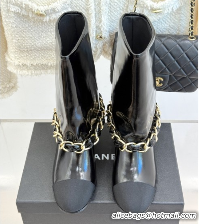 Good Product Chanel Patent Leather & Grosgrain Boots with Chain 5cm Heel Black 101414