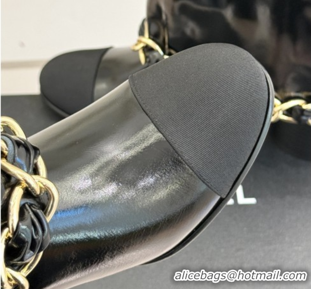 Good Product Chanel Patent Leather & Grosgrain Boots with Chain 5cm Heel Black 101414