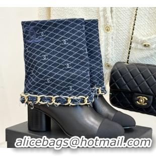 Top Design Chanel Lambskin,Denim & Grosgrain Boots with Chain 5cm Heel Deep Blue 5101415