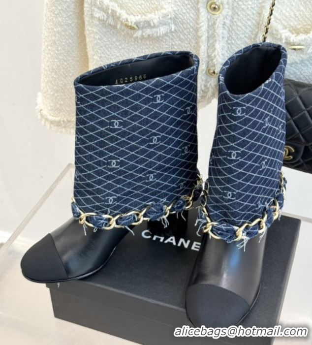 Top Design Chanel Lambskin,Denim & Grosgrain Boots with Chain 5cm Heel Deep Blue 5101415