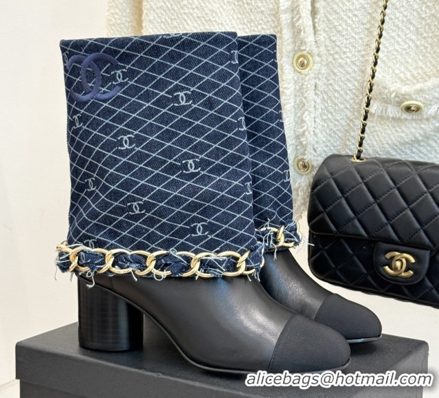 Top Design Chanel Lambskin,Denim & Grosgrain Boots with Chain 5cm Heel Deep Blue 5101415