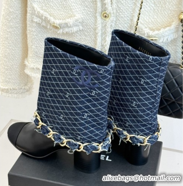 Top Design Chanel Lambskin,Denim & Grosgrain Boots with Chain 5cm Heel Deep Blue 5101415