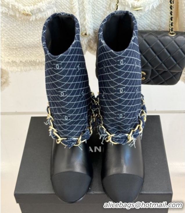 Top Design Chanel Lambskin,Denim & Grosgrain Boots with Chain 5cm Heel Deep Blue 5101415