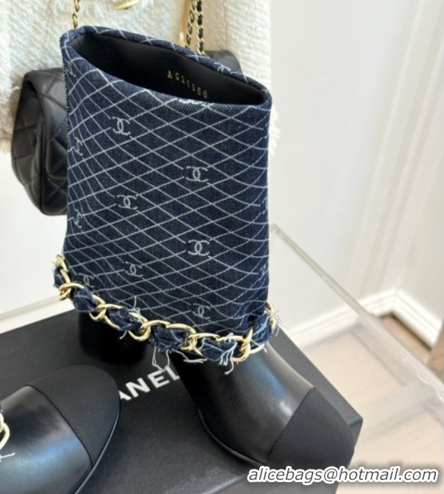 Top Design Chanel Lambskin,Denim & Grosgrain Boots with Chain 5cm Heel Deep Blue 5101415
