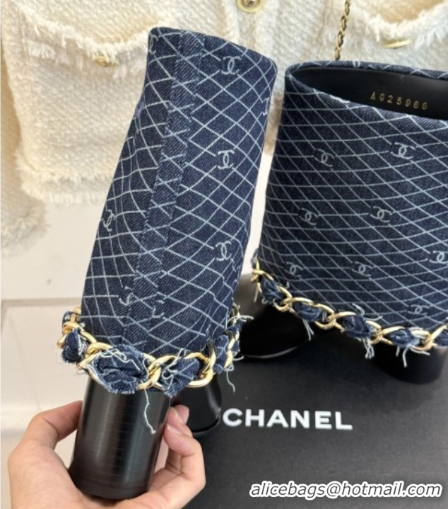 Top Design Chanel Lambskin,Denim & Grosgrain Boots with Chain 5cm Heel Deep Blue 5101415