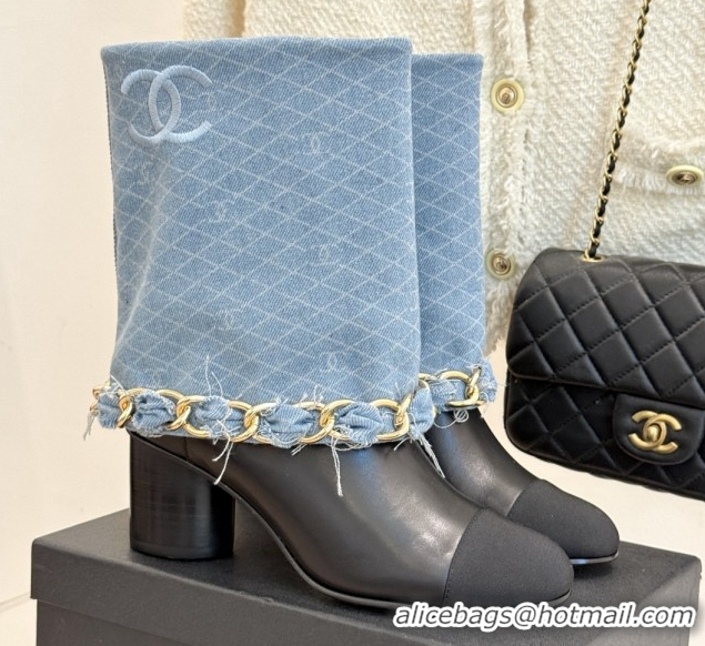Cheap Price Chanel Lambskin,Denim & Grosgrain Boots with Chain 5cm Heel Light Blue 5101416
