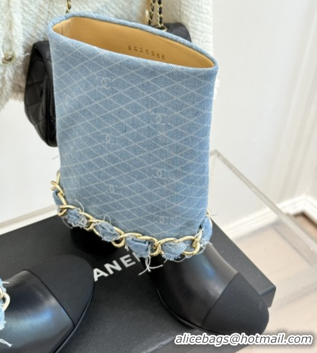 Cheap Price Chanel Lambskin,Denim & Grosgrain Boots with Chain 5cm Heel Light Blue 5101416