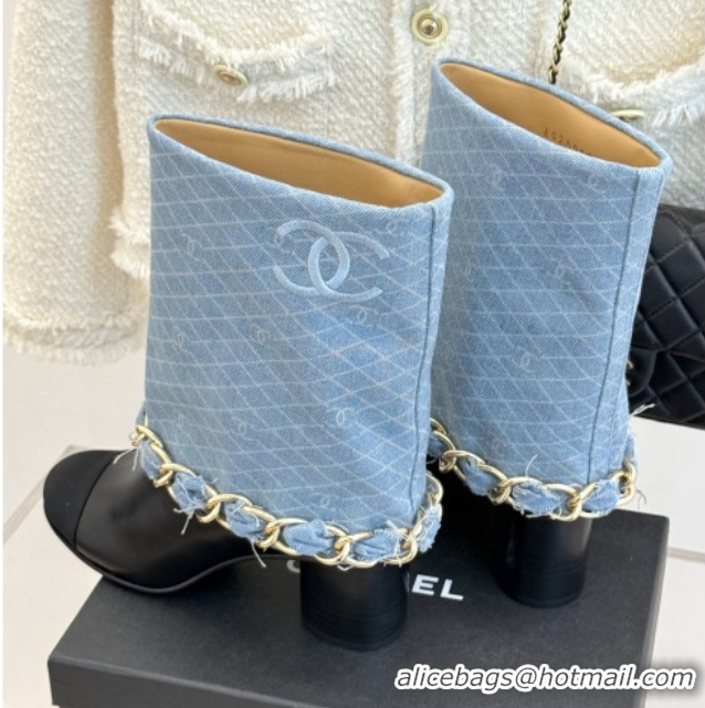 Cheap Price Chanel Lambskin,Denim & Grosgrain Boots with Chain 5cm Heel Light Blue 5101416