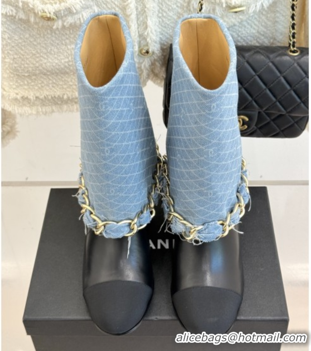 Cheap Price Chanel Lambskin,Denim & Grosgrain Boots with Chain 5cm Heel Light Blue 5101416
