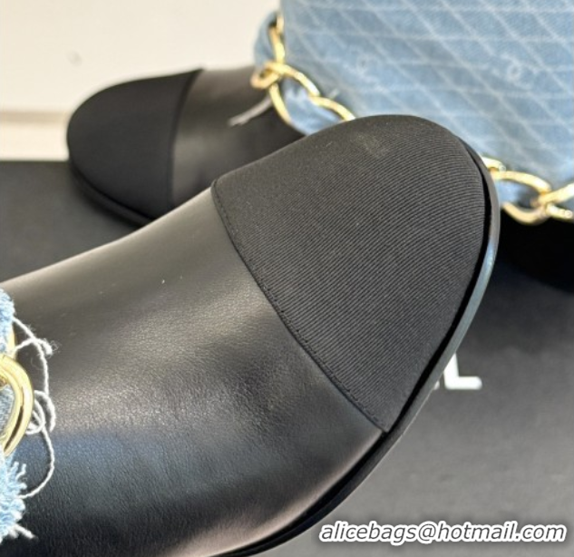 Cheap Price Chanel Lambskin,Denim & Grosgrain Boots with Chain 5cm Heel Light Blue 5101416