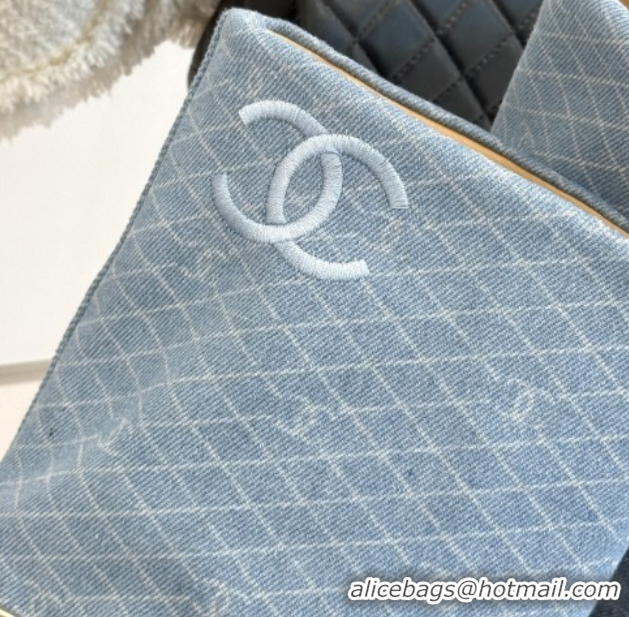 Cheap Price Chanel Lambskin,Denim & Grosgrain Boots with Chain 5cm Heel Light Blue 5101416