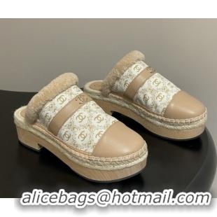 Best Grade Chanel Lambskin & Fabric Mules with Shearling CH102001 Beige 2025