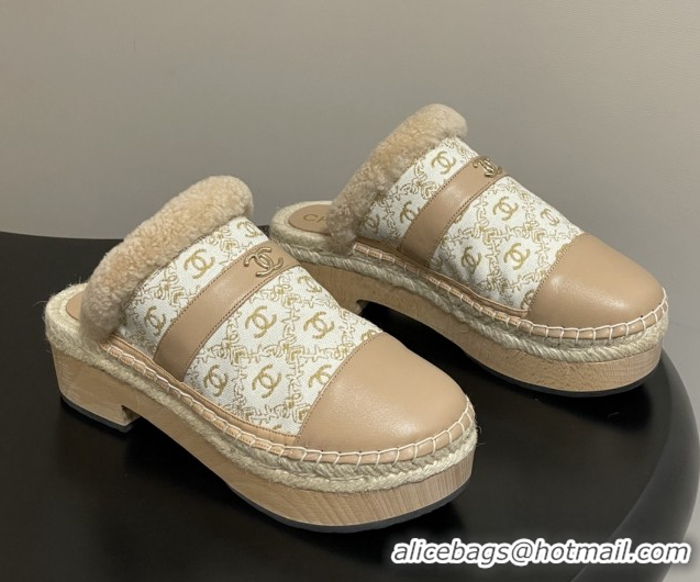 Best Grade Chanel Lambskin & Fabric Mules with Shearling CH102001 Beige 2025