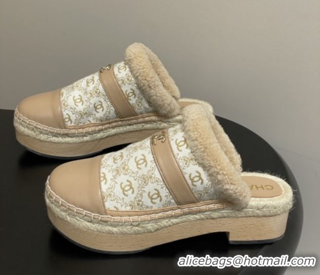 Best Grade Chanel Lambskin & Fabric Mules with Shearling CH102001 Beige 2025