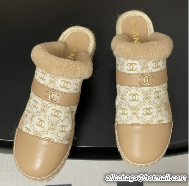 Best Grade Chanel Lambskin & Fabric Mules with Shearling CH102001 Beige 2025