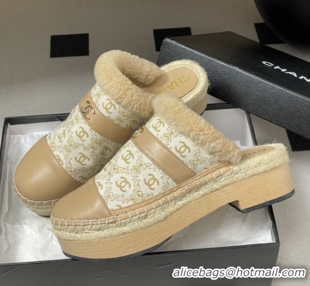 Best Grade Chanel Lambskin & Fabric Mules with Shearling CH102001 Beige 2025