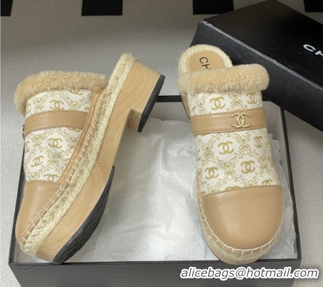 Best Grade Chanel Lambskin & Fabric Mules with Shearling CH102001 Beige 2025