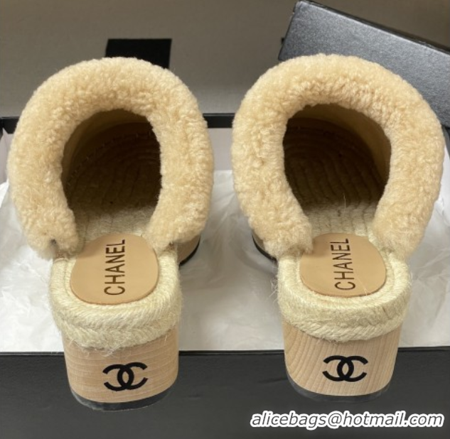 Best Grade Chanel Lambskin & Fabric Mules with Shearling CH102001 Beige 2025