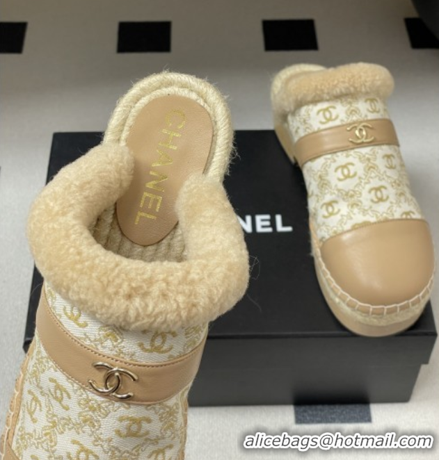 Best Grade Chanel Lambskin & Fabric Mules with Shearling CH102001 Beige 2025