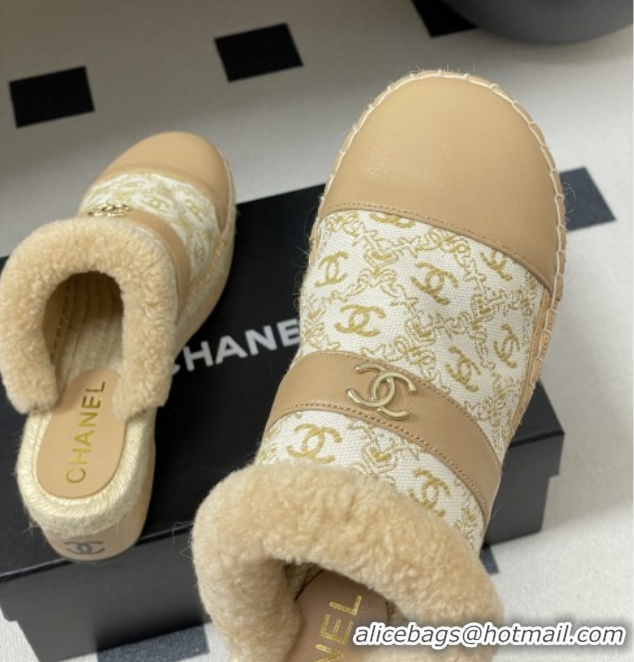 Best Grade Chanel Lambskin & Fabric Mules with Shearling CH102001 Beige 2025