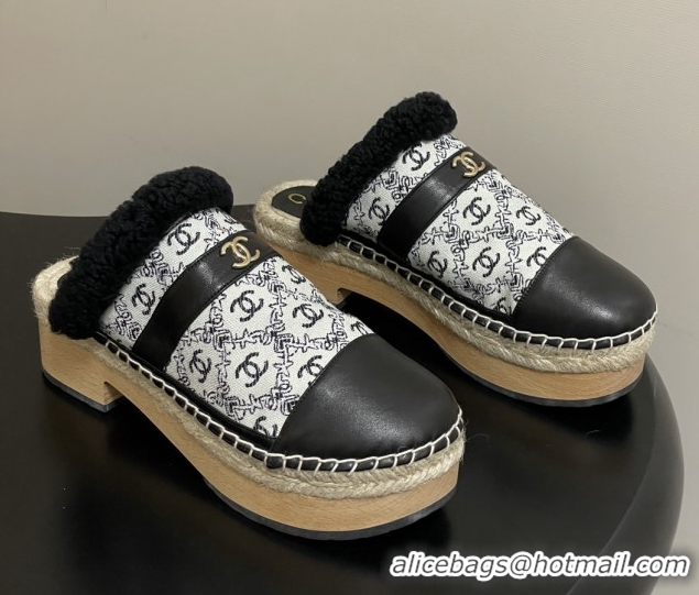 Best Product Chanel Lambskin & Fabric Mules with Shearling CH102002 Black