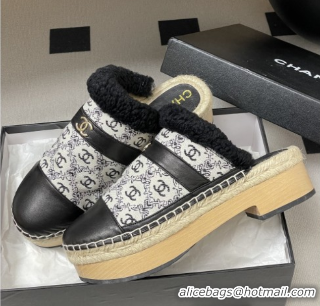Best Product Chanel Lambskin & Fabric Mules with Shearling CH102002 Black
