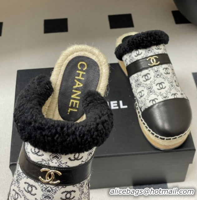 Best Product Chanel Lambskin & Fabric Mules with Shearling CH102002 Black