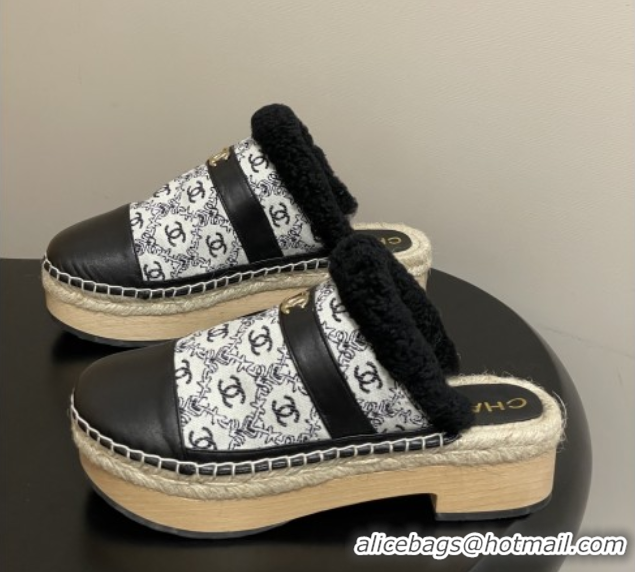 Best Product Chanel Lambskin & Fabric Mules with Shearling CH102002 Black