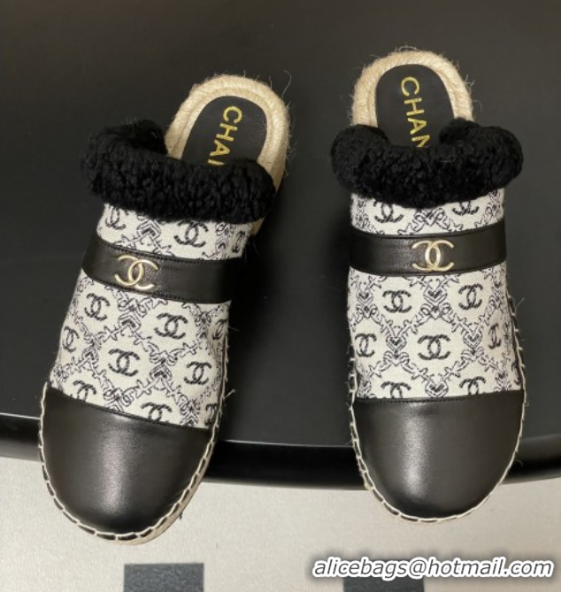 Best Product Chanel Lambskin & Fabric Mules with Shearling CH102002 Black