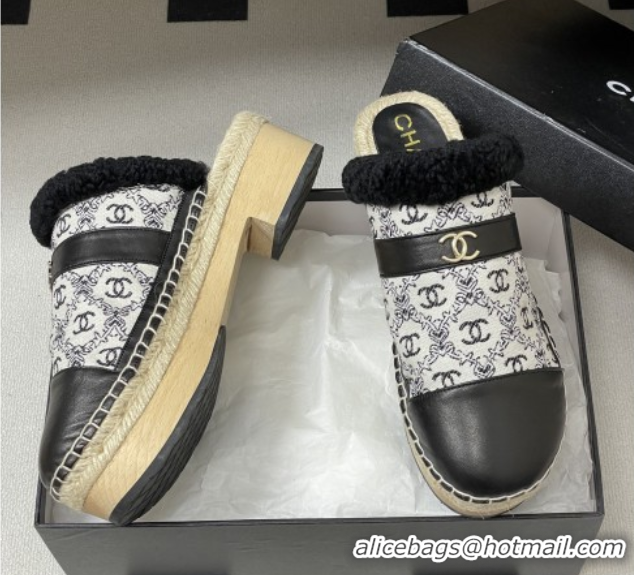 Best Product Chanel Lambskin & Fabric Mules with Shearling CH102002 Black
