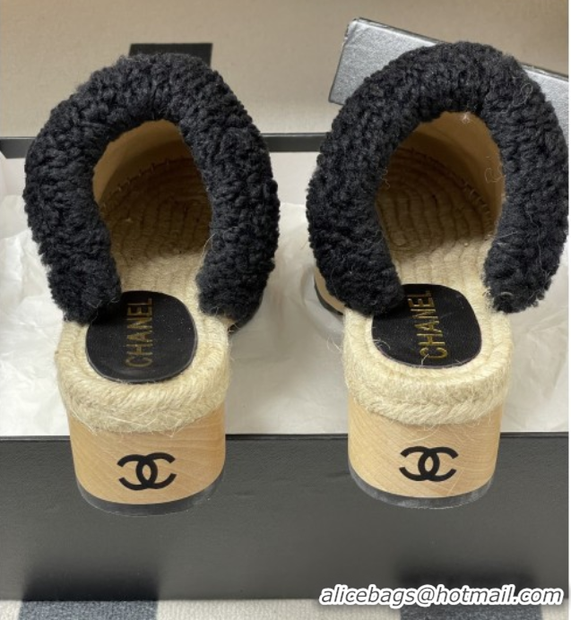 Best Product Chanel Lambskin & Fabric Mules with Shearling CH102002 Black