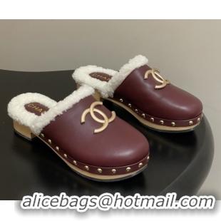 Shop Duplicate Chanel Calfskin Mules with Shearling CH102003 Burgundy