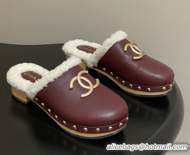 Shop Duplicate Chanel Calfskin Mules with Shearling CH102003 Burgundy