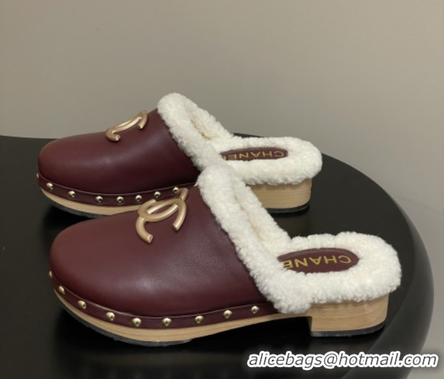 Shop Duplicate Chanel Calfskin Mules with Shearling CH102003 Burgundy