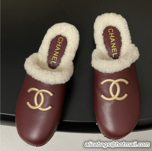 Shop Duplicate Chanel Calfskin Mules with Shearling CH102003 Burgundy