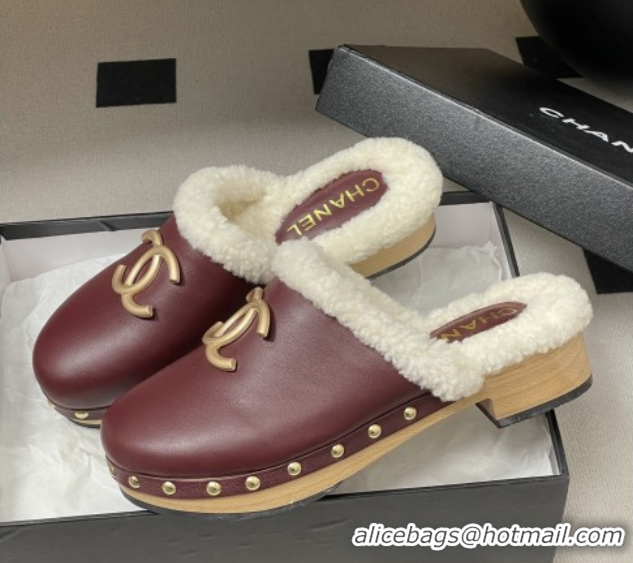 Shop Duplicate Chanel Calfskin Mules with Shearling CH102003 Burgundy