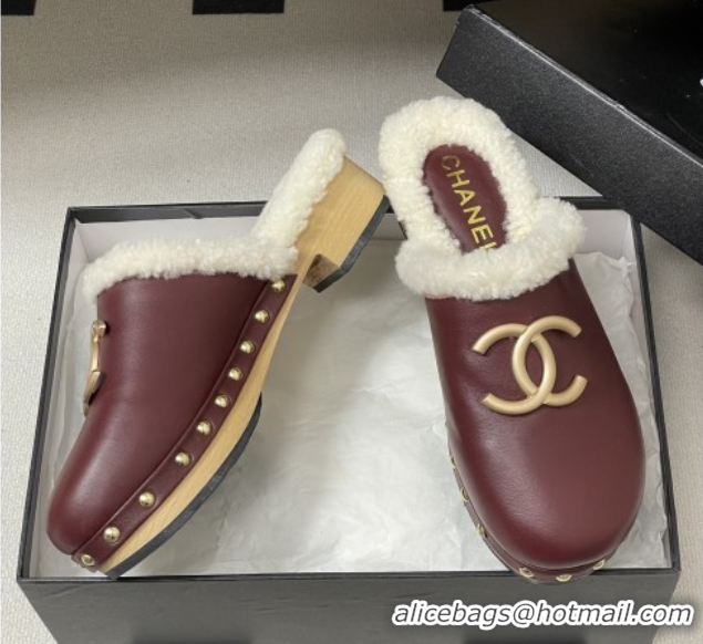 Shop Duplicate Chanel Calfskin Mules with Shearling CH102003 Burgundy