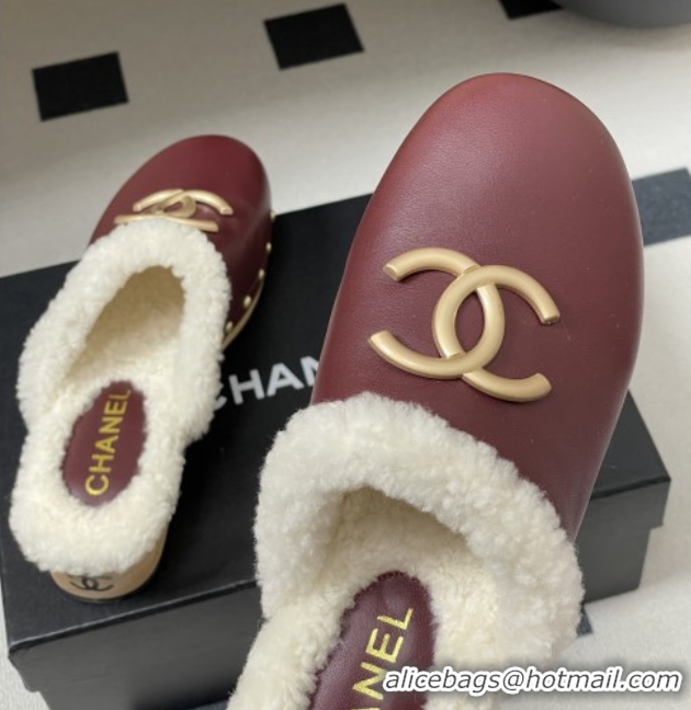 Shop Duplicate Chanel Calfskin Mules with Shearling CH102003 Burgundy