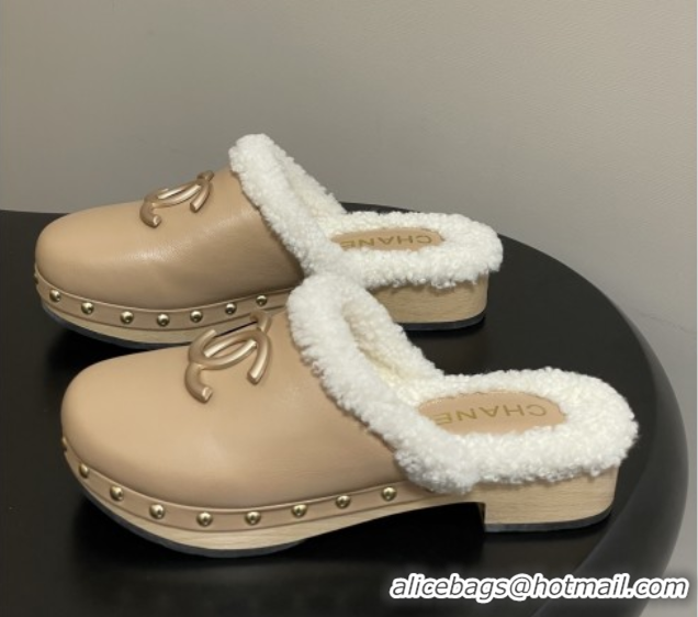 Buy Discount Chanel Calfskin Mules with Shearling CH102004 Beige 2025